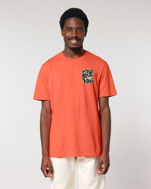 T-Shirt mit oranger Retro-Blätter-Brusttasche, getragen