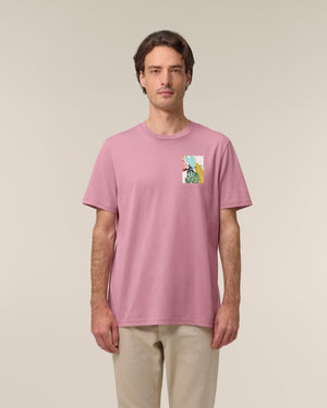 T-Shirt mit Dschungel-Brusttasche in Lila, getragen